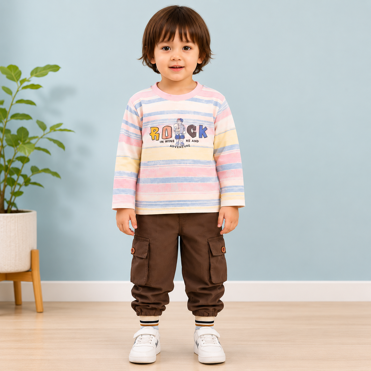 Kids Striped Top & Cargo Jogger Set – Soft Cotton Two-Piece Outfit