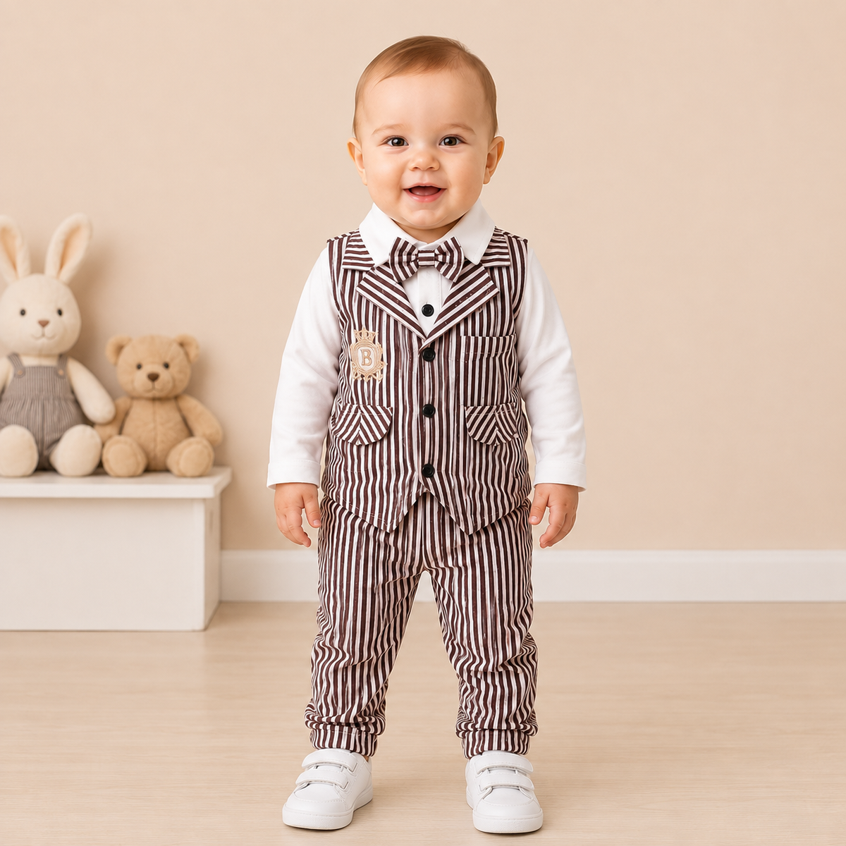 Baby Boy Striped Vest Romper Set with Bow Tie – Formal 3-Piece Outfit