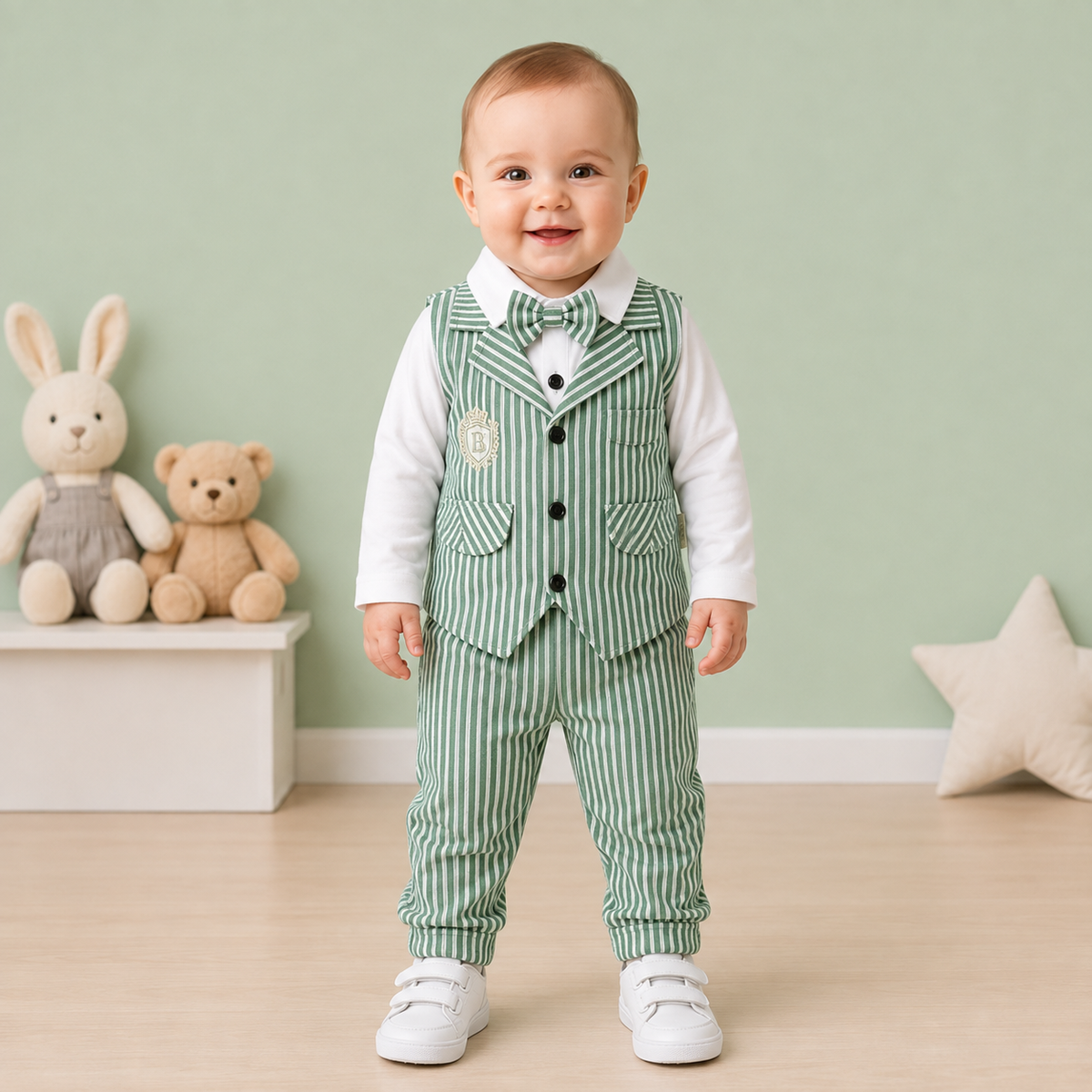 Baby Boy Striped Vest Romper Set with Bow Tie – Formal 3-Piece Outfit