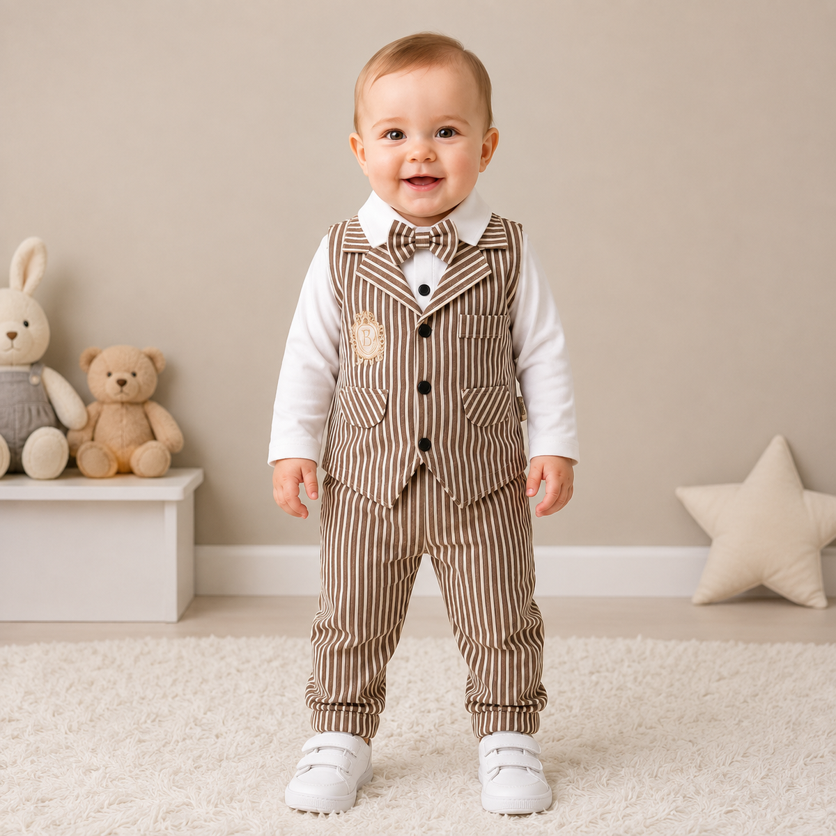 Baby Boy Striped Vest Romper Set with Bow Tie – Formal 3-Piece Outfit