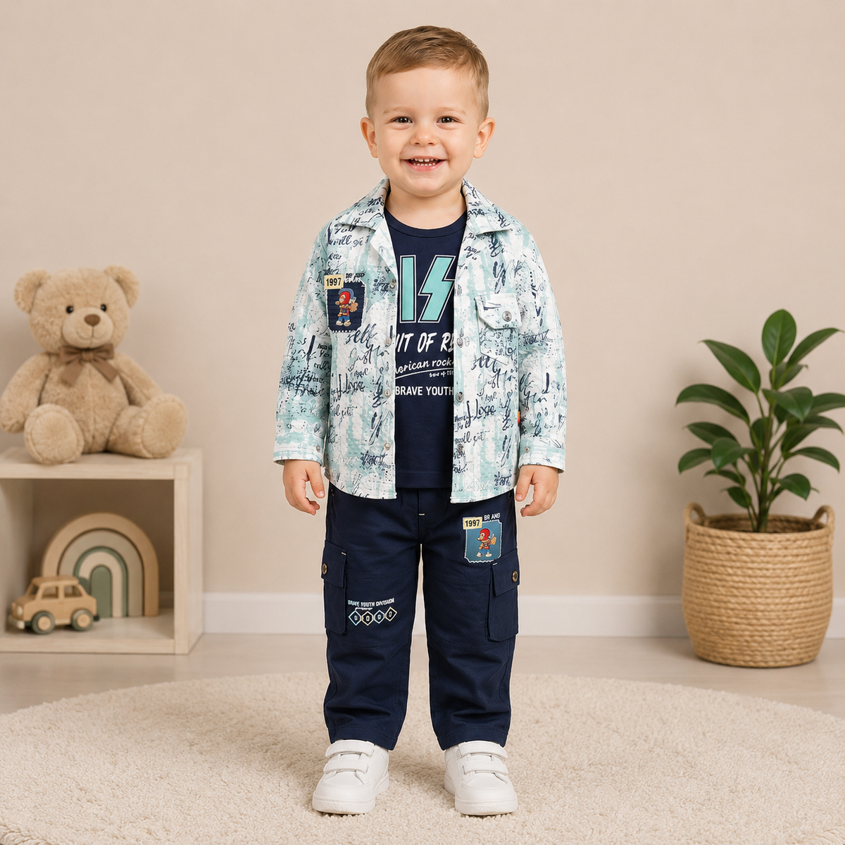 Boys 3-Piece Suit – Printed Shirt, Graphic Tee & Cargo Pants Set