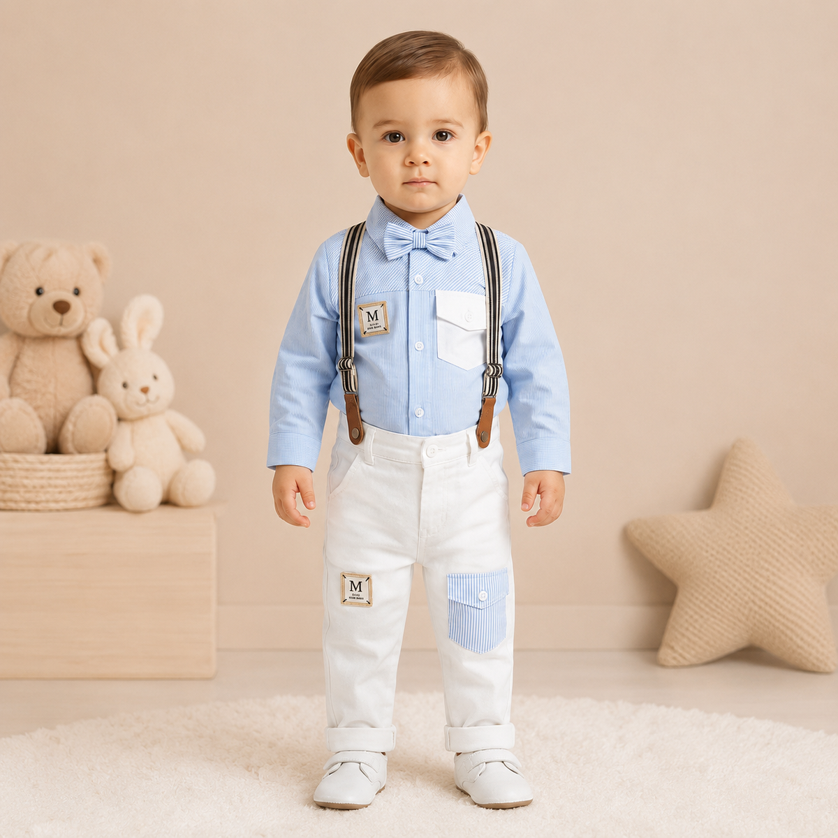 Baby Boy Suspender Set with Bow Tie – Light Blue Shirt & White Pants Outfit