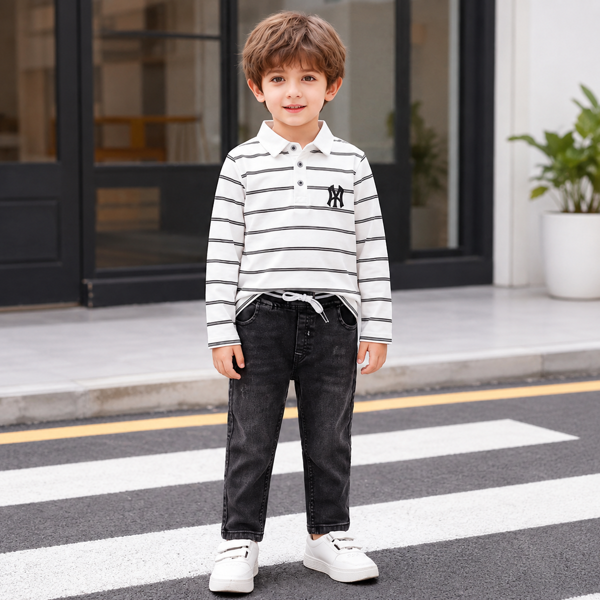 Premium Striped Polo Shirt & Denim Jeans Set