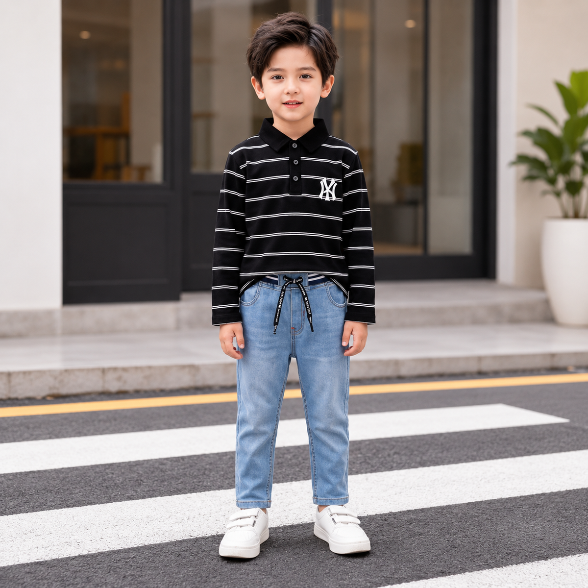 Premium Striped Polo Shirt & Denim Jeans Set